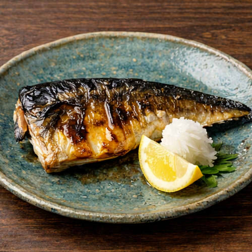 Saba grilled on Japanese pottery plate