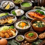 A beautifully arranged table of Japanese dishes — grilled mackerel, salmon teriyaki, oysters, natto, miso soup, spinach goma‑ae, tamago kake gohan, and matcha — showcasing foods rich in omega‑3s, zinc, magnesium, and protein that support men’s metabolic and hormonal health.