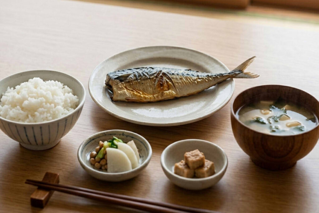 A clean, close-up photograph of a simple, oil-free Japanese set meal. Featured are a perfectly grilled salt mackerel (saba shioyaki) on a minimalist plate, pristine white steamed rice, miso soup, and small fermented side dishes. The entire arrangement emphasizes quiet health and minimal oil, bathed in soft, natural light coming through shoji screens. This meal contrasts sharply with the busy Tokyo urban