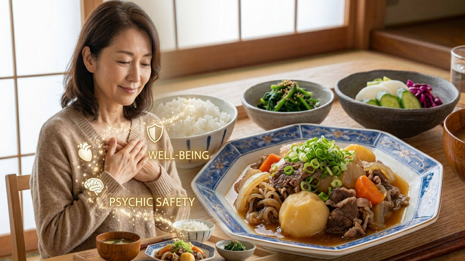 A Japanese Nikujaga (beef and potato stew) set meal on an Arita ware plate, with an image of a calm Japanese woman feeling psychologically safe and well-being, suitable for a blog post about mental resilience and healthy Japanese food.