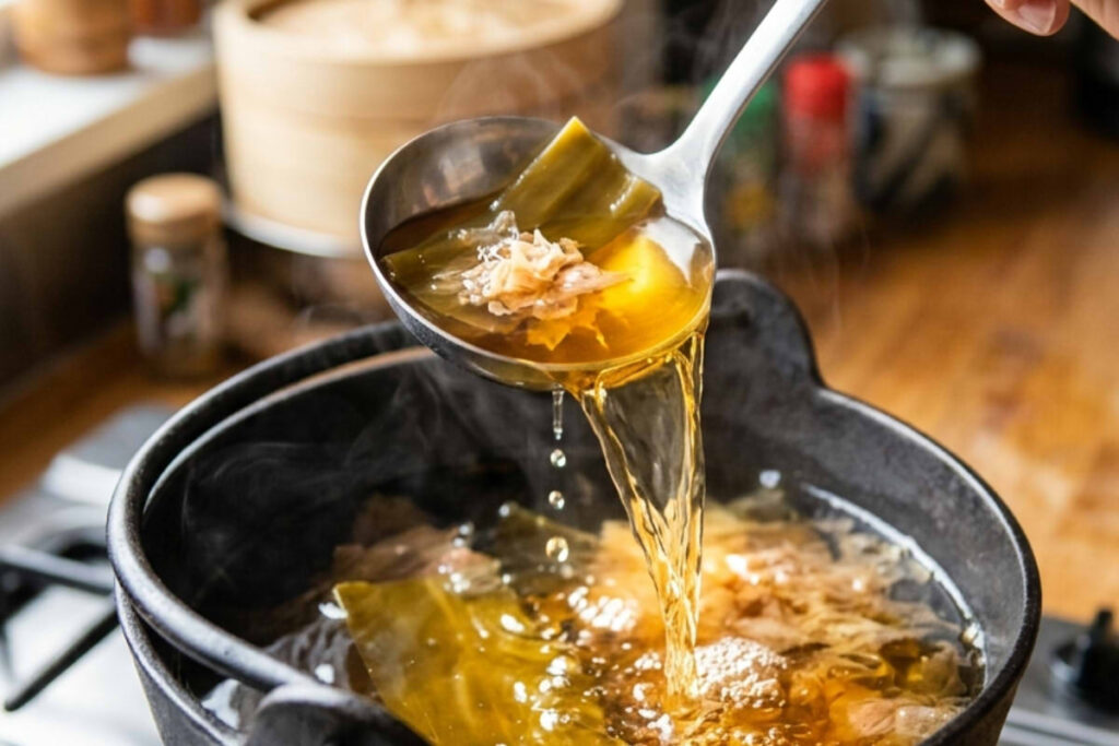 A high-definition close-up photo in a warm kitchen setting, showing a hand carefully using a metal ladle to scoop and pour clear, rich, golden-amber Awase Dashi—a powerful, savory Japanese stock born from the synergistic Umami of Kombu (kelp) and Katsuobushi (bonito flakes). The ladle catches a broad piece of dark kelp and light, delicate bonito flakes within the translucent broth, emphasizing the purity, warmth, and depth of flavor. The background features traditional Japanese kitchen elements like a bamboo steamer and spice jars, reinforcing the artisanal, time-honored preparation that unlocks the profound third taste of deliciousness.