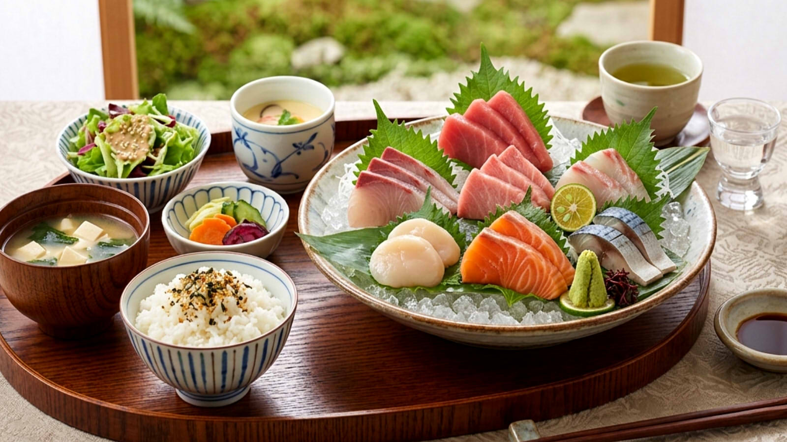 Japanese Kaiseki-Style Sashimi Teishoku Meal with Garden View