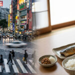 A split-screen conceptual image showing a busy, crowded Tokyo pedestrian crossing on the left, contrasting with a calm, traditional Japanese meal with grilled fish, rice, miso soup, and natto on a wooden table by a shoji window on the right.