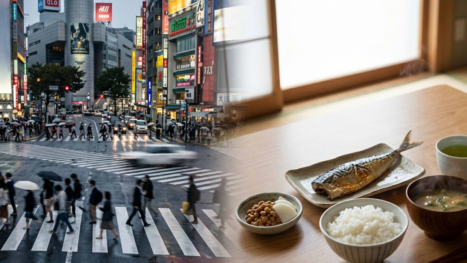 A split-screen conceptual image showing a busy, crowded Tokyo pedestrian crossing on the left, contrasting with a calm, traditional Japanese meal with grilled fish, rice, miso soup, and natto on a wooden table by a shoji window on the right.