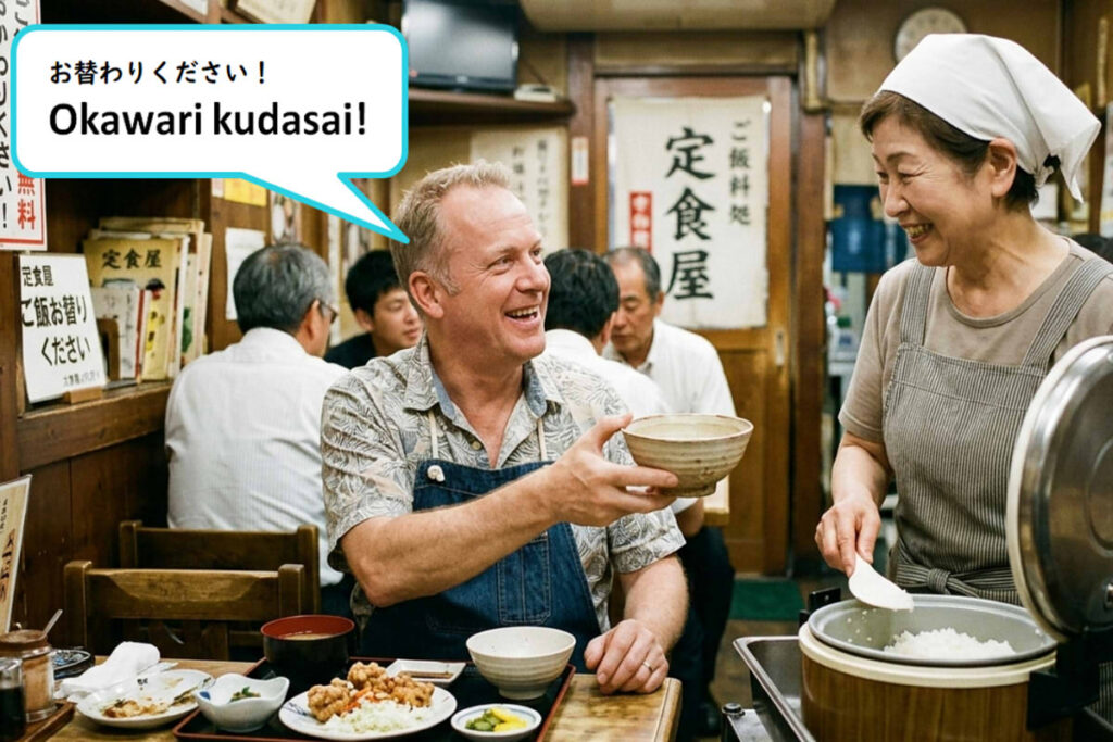 Requests Free Rice Refill in Cosy Traditional Japanese Diner with smiling older female server