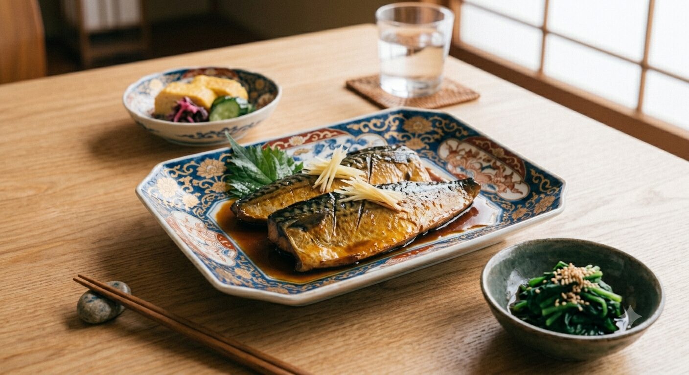 Saba mackerel simmered in Japanese Nitsuke sauce made with soy sauce, sake, and mirin