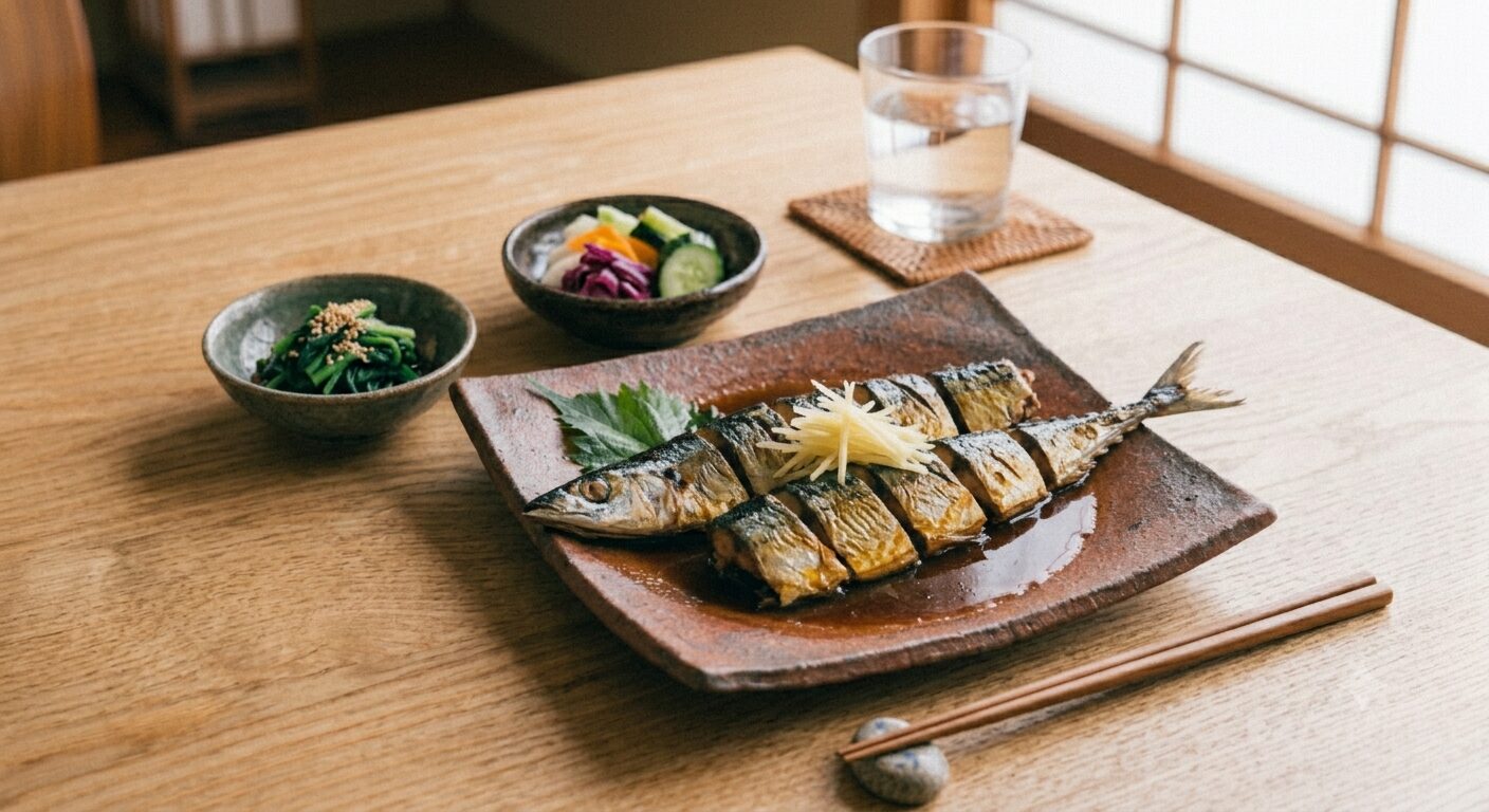 Sanma Pacific saury cooked in sweet‑savory Nitsuke broth with soy sauce, sake, mirin, and ginger
