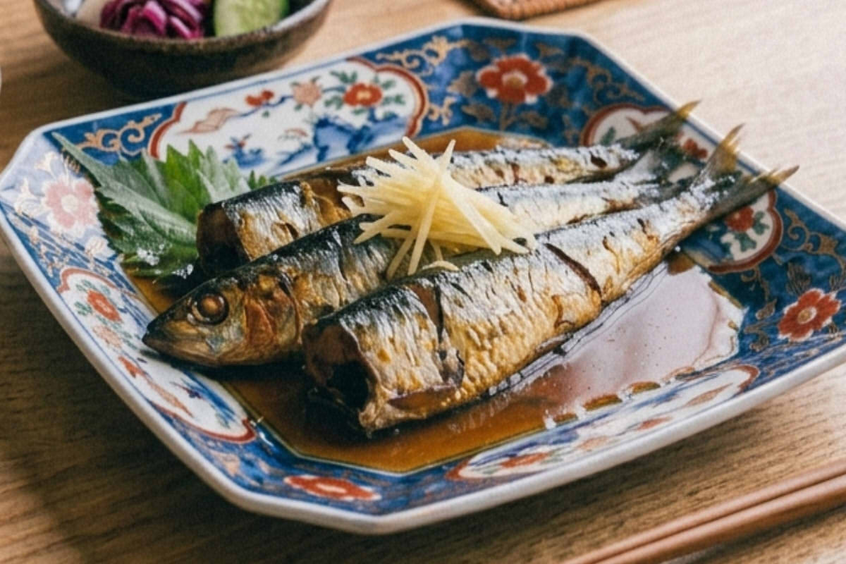 Text: Japanese sardines simmered in traditional Nitsuke sauce using the 1:1:1 soy sauce, sake, mirin ratio