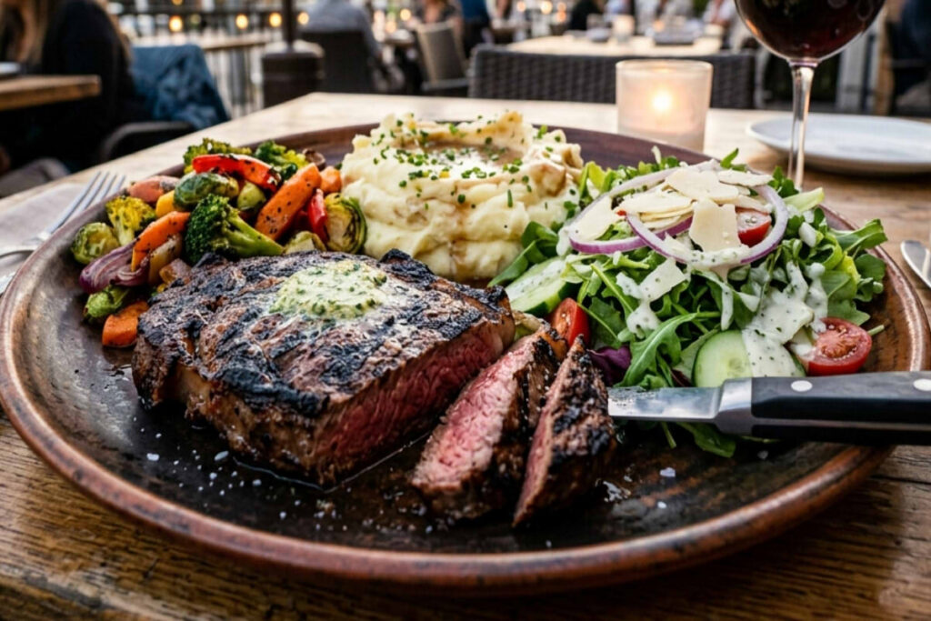 A hearty single-plated steak dinner on a wooden platter featuring a sliced medium-rare steak, creamy mashed potatoes, colorful roasted vegetables, and a fresh side salad, served on a sunlit LA patio.