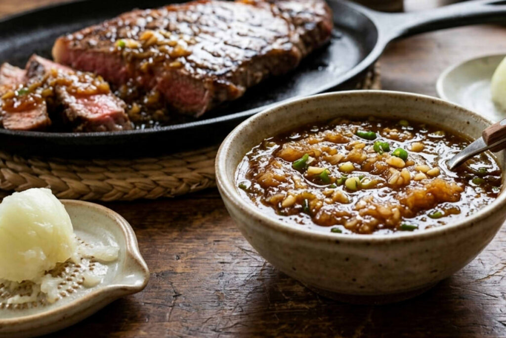 professional Japanese steak sauce (Steak Shoyu) with grated onion and garlic
