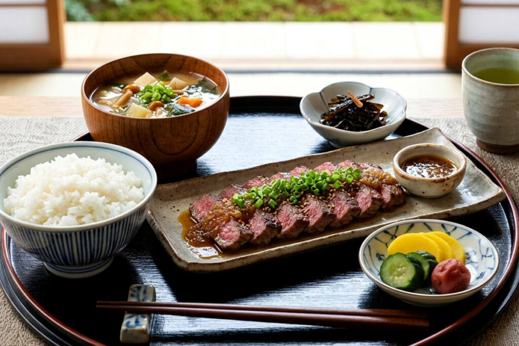 A healthy Japanese-style steak set meal featuring pre-sliced beef with onion soy sauce and green onions, served with rice, vegetable miso soup, and side dishes.