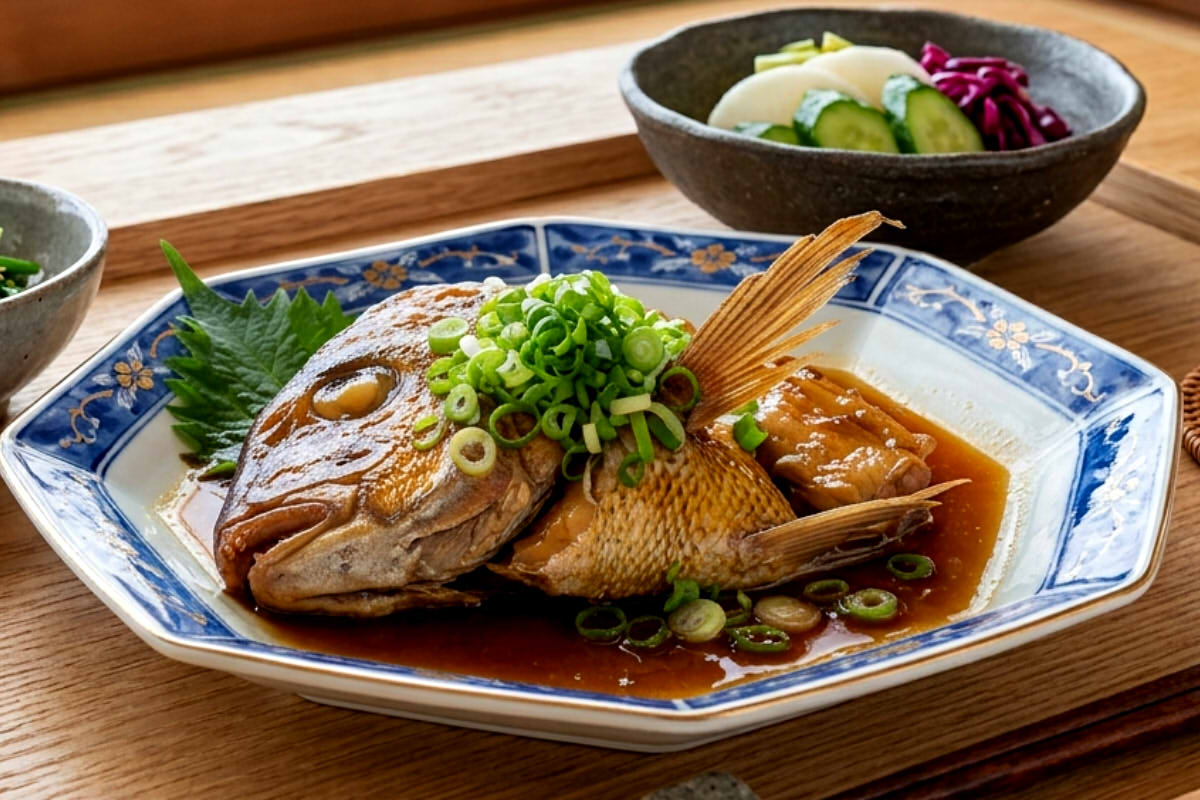 Red snapper head and collar (ara) simmered in Japanese Nitsuke sauce with soy sauce, sake, mirin, and ginger