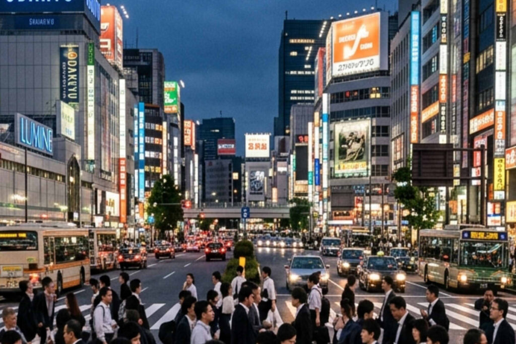 A crowded pedestrian scramble crosswalk in Tokyo at dusk, filled with business commuters in dark suits rushing home, capturing the fast-paced and stressful environment of modern city life.