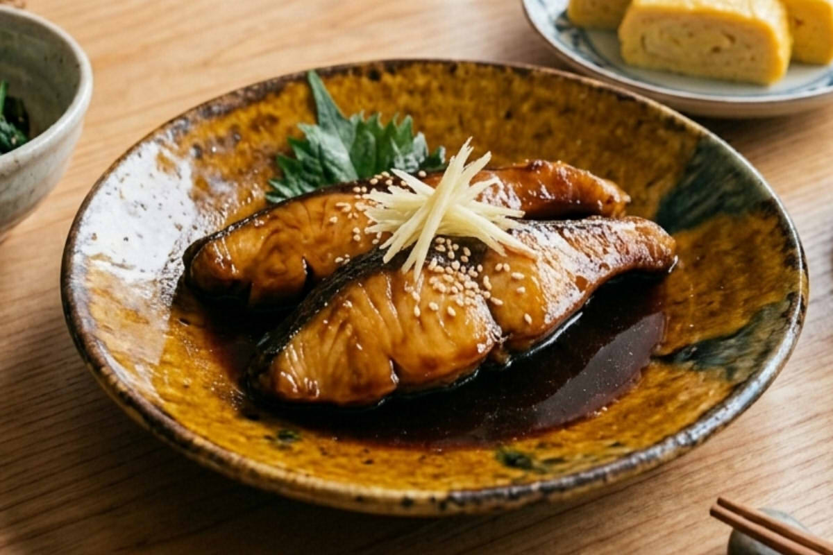 Thick slices of buri yellowtail simmered in glossy Japanese Nitsuke broth with soy sauce, sake, and mirin