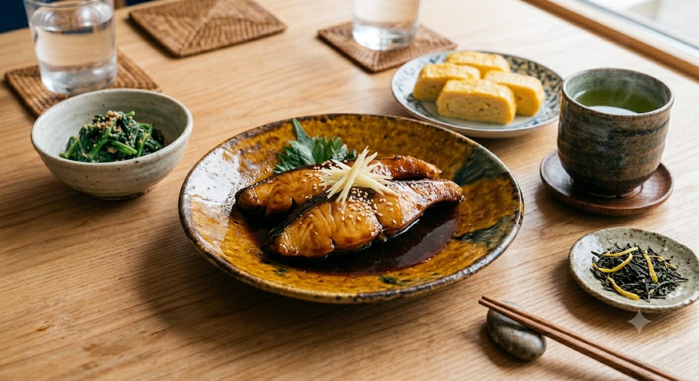 “Japanese Nitsuke fish simmered in soy sauce, sake, and mirin 1:1:1 broth”
