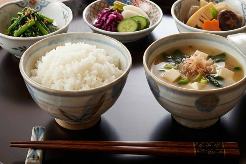A beautifully arranged Japanese Ichiju-Sansai set meal on a round dark lacquer tray, featuring a bowl of steaming white rice, miso soup with tofu and green onions, and three small side dishes (obanzai) including spinach ohitashi, pickled vegetables, and simmered bamboo shoots with shiitake mushrooms. The setting is a serene, traditional washitsu (Japanese-style room) with opened shoji sliding doors overlooking a peaceful moss garden with a stone lantern.