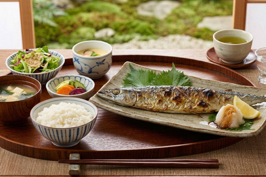 A traditional Japanese grilled Sanma (Pacific Saury) teishoku meal on a tray, with a serene moss garden visible through shoji screens.