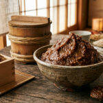 A high-quality close-up photo of traditional Japanese dark brown miso paste piled high in a rustic earthenware bowl on a wooden table, with wooden fermentation tubs, a wooden spoon, and soft lighting through shoji screens in the background.