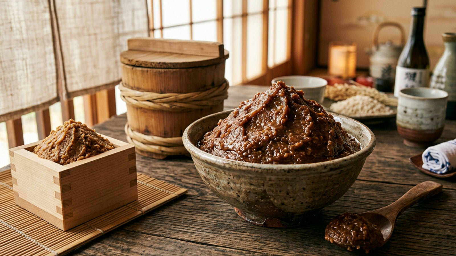 A high-quality close-up photo of traditional Japanese dark brown miso paste piled high in a rustic earthenware bowl on a wooden table, with wooden fermentation tubs, a wooden spoon, and soft lighting through shoji screens in the background.