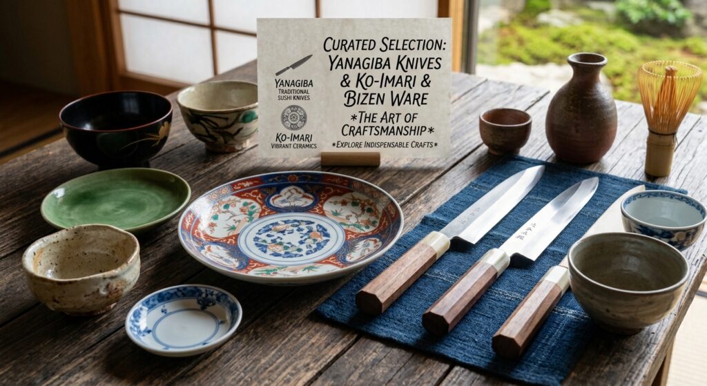 A curated display of traditional Japanese kitchen tools and fine tableware arranged on a rustic wooden table, including Yanagiba knife, vibrant Ko-Imari porcelain plates, Bizen-yaki ceramics, small ceramic bowls, green celadon dish, and tea utensils, with natural light filtering through shoji screen in a traditional room.