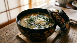 A close-up photograph of a traditional Japanese dark black lacquer bowl decorated with gold and red maki-e art, filled with steaming miso soup. On top, fine-mesh dried green aonori seaweed and thin rings of white negi scallion are sprinkled. The matching decorative lid is tilted and leaning against the bowl. The bowl sits on a bamboo coaster on a rustic wooden table with shoji screens in the background, contrasting a traditional meal with a bustling city lif