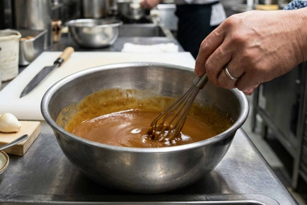 A close-up photograph of a Japanese restaurant kitchen where a chef, wearing a detailed cuff, is actively mixing a smooth, caramel-brown miso seasoning sauce in a large stainless steel bowl with a whisk. The background shows a bustling professional kitchen with another chef, metal shelving, and other equipment. On the counter next to the bowl are crucial ingredients like miso paste, soy sauce and mirin bottles, a bowl of grated garlic, and a whole garlic clove. The sauce has a smooth, fluid appearance.