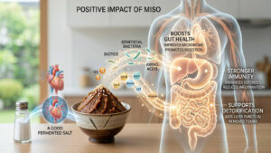 A detailed conceptual infographic photograph visualizing the positive physiological impact of red miso paste on the human body. Beneficial bacteria, vitamins, minerals, and amino acids flow like glowing energy streams from a ceramic bowl of miso paste towards a medical-style illustration of a stylized human torso and digestive tract. The internal organs and veins glow with a healthy, warm light, indicating strength, vitality, and balance, supported by English text labels: POSITIVE IMPACT OF MISO, BOOSTS GUT HEALTH, IMPROVES MICROBIOME, PROMOTES DIGESTION, STRONGER IMMUNITY, ENHANCES DEFENSES, REDUCES INFLAMMATION, SUPPORTS DETOXIFICATION, AIDS LIVER FUNCTION, REMOVES TOXINS. A comparison between a simple table salt shaker and a textured red miso paste emphasizes the unique advantage of fermented salt (miso). The scene blends natural food texture with sophisticated visualization and health graphics.