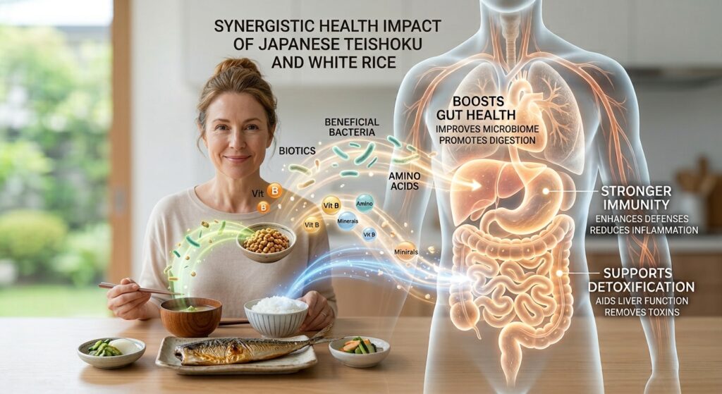 A detailed conceptual photograph, based on the infographic style of image_18.png and image_19.png, set in a calm, modern Japanese dining room. A healthy-looking middle-aged Caucasian woman with light brown hair tied up and a healthy expression is seated at a wooden table, enjoying a traditional Japanese teishoku meal, replacing the woman from image_19.png. On the table, the teishoku is perfectly arranged: a grilled salt-mackerel (saba shioyaki) on a ceramic plate, a small side dish of pickled vegetables (asazuke), and a small ceramic bowl of natto (fermented soybeans). Next to them is a bowl of polished white rice and a bowl of miso soup. A detailed, stylized human torso and digestive tract illustration, identical in form and glowing orange light style to image_18.png and image_19.png, is conceptually overlaid over the woman, showing exposed internal organs. Floating particles and molecules, similar to those in image_19.png, flow in complex streams from both the natto and the white rice. Green and yellow glowing particles flow from the natto, merging with blue glowing particles from the white rice, indicating a synergistic nutritional benefit. Clean English text labels, identical in font and style to image_18.png and image_19.png, are positioned strategically. The central, main title above the woman is "SYNERGISTIC HEALTH IMPACT OF JAPANESE TEISHOKU AND WHITE RICE." The complex category and detail text blocks on the right are identical to image_18.png and image_19.png: BOOSTS GUT HEALTH, IMPROVES MICROBIOME, PROMOTES DIGESTION, STRONGER IMMUNITY, ENHANCES DEFENSES, REDUCES INFLAMMATION, SUPPORTS DETOXIFICATION, AIDS LIVER FUNCTION, REMOVES TOXINS. The background shows a clean kitchen through a window. Natural daylight. Sharp focus on the woman, the meal, and the detailed health graphics. The glowing lines of beneficial bacteria and nutrients trace through her system.