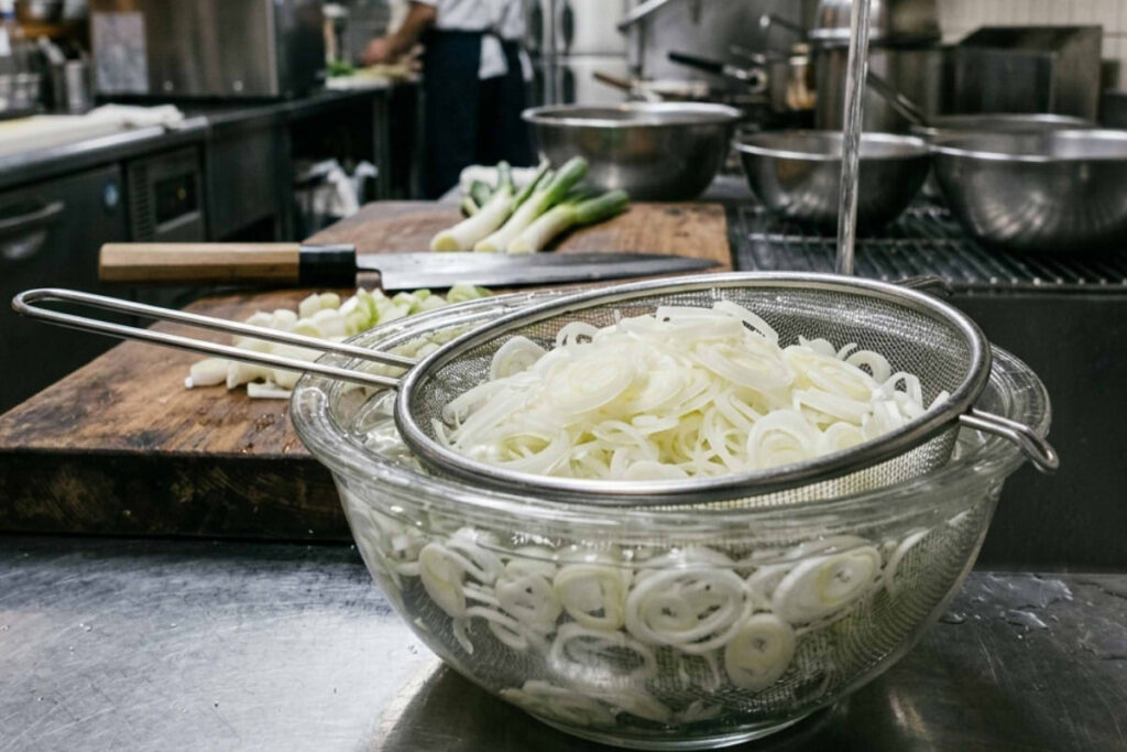 A detailed, authentic photograph capturing the preparation of finely sliced white rings of Japanese negi (scallion) inside a busy, professional washoku restaurant kitchen. A stainless steel sieve rests inside a large clear glass bowl of water, holding the pristine, clean, submerged negi slices. A single, thin stream of water continues to fall from a nearby stainless steel faucet into the bowl. The background is a bustling, functional kitchen with blurred chefs in uniform working at a distance. Water splashes gently into the bowl.