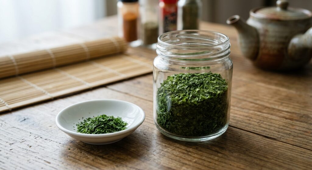 A close-up photograph of vibrant green dried aonori (green seaweed flakes) stored in a clear, unlabeled glass spice jar on a wooden table. A small white ceramic dish sits next to the jar, containing a sprinkle of fine aonori flakes. The background features a subtle, out-of-focus setting with a bamboo mat, generic spice shakers, and a traditional Japanese ceramic teapot, creating an accessible, home-cooking atmosphere.