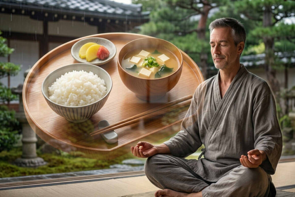 A serene conceptual photograph set in a Japanese temple room with tatami mats and open shoji doors looking out into a peaceful, rain-dampened garden. A middle-aged Caucasian man in a grey linen robe sits cross-legged on a zabuton cushion, eyes closed with a gentle, contented smile during meditation. Semi-transparently overlaid in the foreground is a large wooden tray featuring a simple Ichiju Issai meal: a bowl of fluffy white rice, a wooden bowl of tofu miso soup with scallions, and a small dish with yellow takuan pickles and a red plum. The floating meal softly overlaps with the man, symbolizing the practice of humbleness, gratitude, and inner calm through simple nutrition.