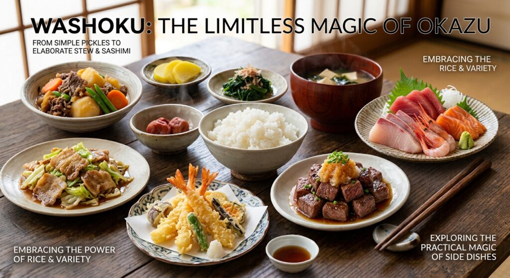 A food magazine cover style photograph showcasing a lavish spread of diverse Japanese side dishes (Okazu) around a central bowl of white rice and miso soup on a dark wooden table. The dishes include flesh sashimi (tuna, salmon, sweet shrimp), crisp shrimp and vegetable tempura, dice steak with grated daikon and ponzu, stir-fried pork and cabbage with miso, Nikujaga (beef and potato stew), alongside simple traditional sides like yellow takuan pickles, umeboshi (salted plum), and spinach ohitashi. Bold, elegant English typography overlays the top and corners, reading "WASHOKU: THE LIMITLESS MAGIC OF OKAZU" and "FROM SIMPLE PICKLES TO ELABORATE STEW & SASHIMI".