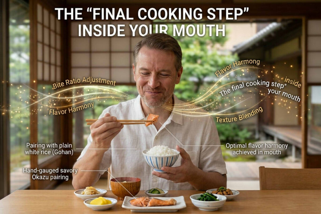An educational infograph-style photograph set in a traditional Japanese ryokan dining room with shoji screens and a courtyard garden background. A middle-aged Caucasian man sits at a wooden table with his mouth closed in a satisfied, contemplative smile while chewing, holding a small bite-sized piece of grilled salmon with wooden chopsticks over a bowl of white rice. An infograph overlay titled "THE 'FINAL COOKING STEP' INSIDE YOUR MOUTH" highlights concept pointers like "Bite Ratio Adjustment", "Flavor Harmony", and "Texture Blending", demonstrating how pairing salty okazu with plain rice creates custom balance in the mouth.