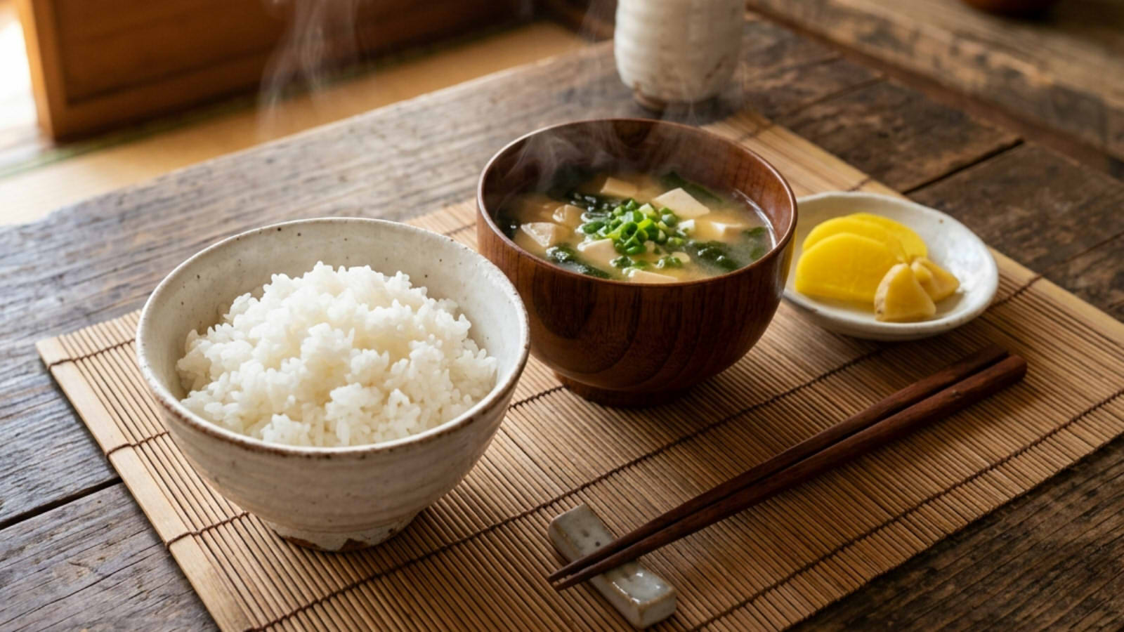 A close-up photograph of a rustic wooden table in a traditional Japanese room with shoji screens. At the center is a ceramic bowl of steaming white rice and a wooden bowl of steaming tofu miso soup with green onions. Next to them is a small plate with yellow pickled takuan and pickled ginger slices, and a pair of wooden chopsticks on a small rest. A traditional Kyusu clay teapot and a ceramic tea cup are on a shelf in the background. The scene is quiet, warm, and inviting.