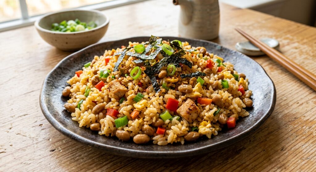 A close-up appetizing photo of Izakaya-style Natto Fried Rice served on a dark rustic ceramic plate on a warm wooden table. The fried rice features fluffy, separated grains mixed with rinsed, non-sticky natto beans, scrambled eggs, finely diced green onions, red peppers, and small pork cubes, topped with shredded nori seaweed and fresh scallions. Chopsticks and a small bowl of green onions rest in the background.