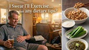 A split-screen article lead image for a health blog. On the left side, set in a cozy living room during warm evening sunset, a middle-aged Caucasian man sits in an armchair holding a glass of beer with a gentle wry smile, placing his left hand on his slightly bloated belly. Overhead text reads "I Swear I'll Exercise... but any dietary tips?". On the right side, separated by a clean vertical border, a vertical collage displays healthy Japanese "neba-neba" sticky foods: a bowl of Natto with sticky threads lifted by chopsticks, a bowl of grated Tororo (yam), fresh green Okra, and Mozuku seaweed.