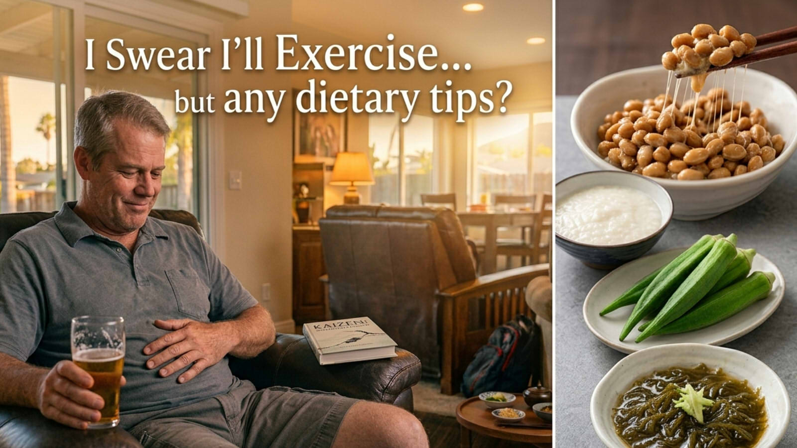 A split-screen article lead image for a health blog. On the left side, set in a cozy living room during warm evening sunset, a middle-aged Caucasian man sits in an armchair holding a glass of beer with a gentle wry smile, placing his left hand on his slightly bloated belly. Overhead text reads "I Swear I'll Exercise... but any dietary tips?". On the right side, separated by a clean vertical border, a vertical collage displays healthy Japanese "neba-neba" sticky foods: a bowl of Natto with sticky threads lifted by chopsticks, a bowl of grated Tororo (yam), fresh green Okra, and Mozuku seaweed.