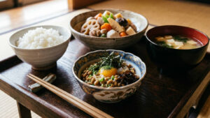 A close-up photo of a traditional Japanese Gozen meal set on a dark wooden tray in a washitsu room with tatami flooring and shoji screens. In the front center, an elegant small Ko-Imari porcelain bowl holds the ultimate natto combination: soybeans topped with a bright raw egg yolk, finely sliced green onions, green laver (aonori), shredded nori seaweed, simmered kelp (kombu-nimono), and clear fish glaze (nikogori). Surrounding it are a bowl of steamed white rice on the left, a black lacquer bowl of miso soup on the right, and a main dish of Chikuzenni (simmered chicken and root vegetables) in the background.