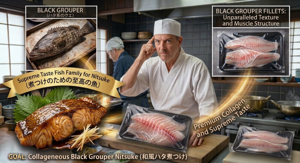 An educational food graphic set in a traditional Japanese kitchen with wooden countertops. In the center background, a Caucasian male chef wearing a white Kappogi and hat touches his forehead with a confident, excited expression. On the top left, an inset shows a whole Black Grouper fish. Below it, a large, prominent dish presents a collagen-rich Black Grouper fillet nitsuke, simmered to a deep shiny glaze with skin side up, garnished with shredded ginger and shiso leaf, labeled with a gold ribbon reading "Supreme Taste Fish Family for Nitsuke". On the right, packaged fresh Black Grouper fillets with clear muscle texture are highlighted.