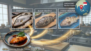 An informative food graphic set against a blurred authentic Japanese restaurant kitchen with cutting boards and cooking equipment. Across the top, three separate framed images showcase local Singaporean market fish: Barramundi, Black Grouper, and Hybrid Grouper, labeled clearly. On the top right, a 3D globe with a red location pin and Singapore flag highlights Singapore. At the bottom left, a large, appetizing plate of traditional Japanese fish nitsuke with shiny brown glaze and ginger garnish is displayed, linked to the fish options with a glowing gold light trace. The caption at the bottom reads "GOAL: Japanese Nitsuke Cuisine (和風煮つけ料理)".