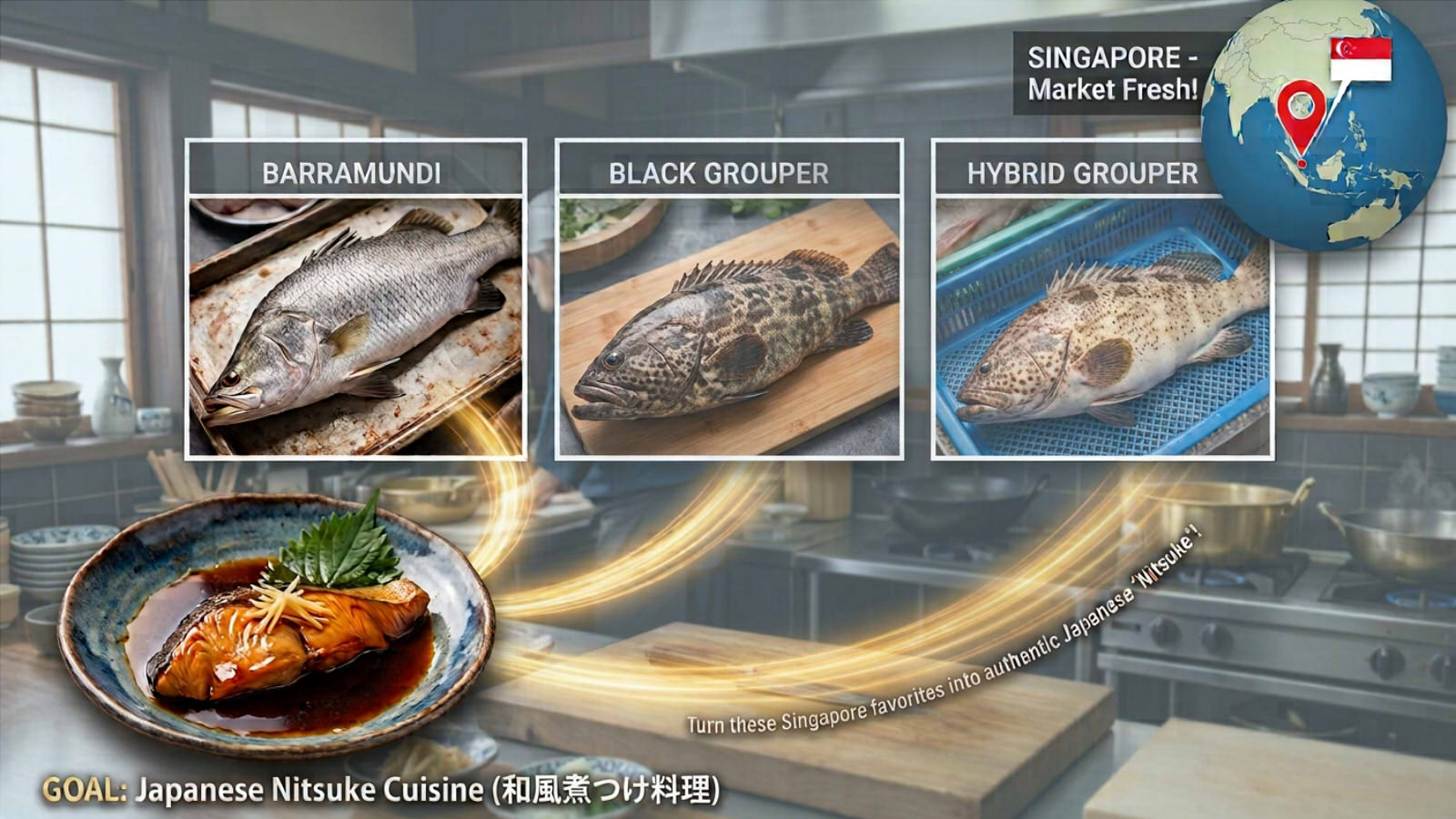 An informative food graphic set against a blurred authentic Japanese restaurant kitchen with cutting boards and cooking equipment. Across the top, three separate framed images showcase local Singaporean market fish: Barramundi, Black Grouper, and Hybrid Grouper, labeled clearly. On the top right, a 3D globe with a red location pin and Singapore flag highlights Singapore. At the bottom left, a large, appetizing plate of traditional Japanese fish nitsuke with shiny brown glaze and ginger garnish is displayed, linked to the fish options with a glowing gold light trace. The caption at the bottom reads "GOAL: Japanese Nitsuke Cuisine (和風煮つけ料理)".