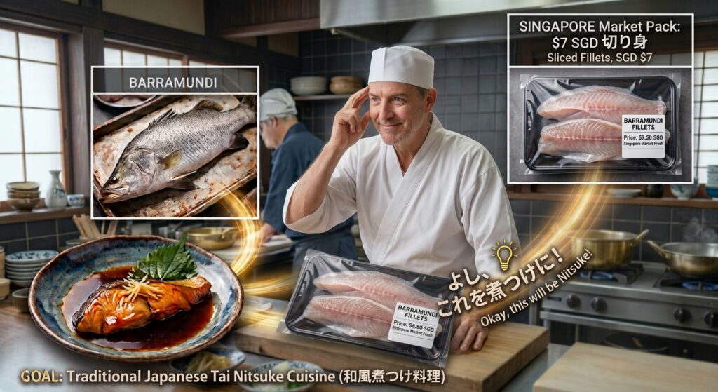 An educational culinary infographic set in a traditional Japanese kitchen with wooden elements. In the center, a Caucasian male chef wearing a white Kappogi and chef hat touches his temple with a subtle, gentle smile of realization. To his left, an upper inset shows a whole Barramundi fish, while a lower left plate displays a finished Japanese fish nitsuke with shiny brown glaze and ginger. On the right, a large inset shows a plastic-wrapped tray of Barramundi fillets labeled "SINGAPORE Market Pack: SGD $7 Sliced Fillets", with another pack on the wooden counter in front of him. A graphic overlay with a lightbulb icon reads "よし、これを煮つけに! Okay, this will be Nitsuke!".