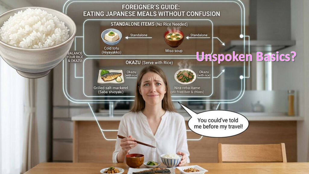 An informative photograph combining a traditional Japanese domestic kitchen and a detailed eating guide infographic, set in a peaceful tatami-floored dining area. A Caucasian woman with a confused smile and a furrowed brow, wearing a grey shirt, sits cross-legged at a low wooden table, holding chopsticks over a simple meal, replacing the previous woman from image_29.png. A large, realistic bowl of fluffy white rice is superimposed over the left side of the scene. Above her head, a complex, illuminated digital guide, identical to image_29.png, with the title "FOREIGNER’S GUIDE: EATING JAPANESE MEALS WITHOUT CONFUSION," details two categories. Top: STANDALONE ITEMS (No Rice Needed) shows 冷や奴 (Hiyayakko) and 味噌汁 (Miso Soup) with "Standalone" arrows. Bottom: OKAZU (Serve with Rice) shows 鮭の塩焼き (Saba Shioyaki) and 納豆 (Natto) with "Okazu (with rice)" arrows. All labels and lines from image_29.png are clear. A speech bubble to her right from image_29.png with "You could’ve told me before my travel!" points at the guide. Beneficial particles and arrows flow through the guide, indicating confusion. A clean kitchen and shoji screens are visible through a window. Natural daylight. Soft focus on the woman, the meal, and the guide.