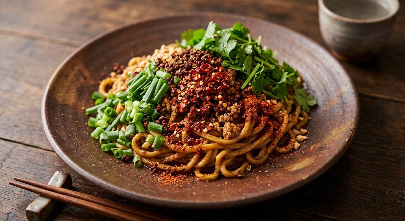 A vibrant close-up shot of Tokyo-style soupless dan dan noodles (Shiranashi Tantanmen) served on a rustic brown Bizen ware round ceramic plate. Thick, chewy noodles coated in a rich sesame chili sauce are topped with savory minced pork, abundant red chili flakes, crushed Sichuan peppercorns, finely chopped green onions, crushed peanuts, and fresh cilantro. Wooden chopsticks rest on a chopstick rest beside the dish.