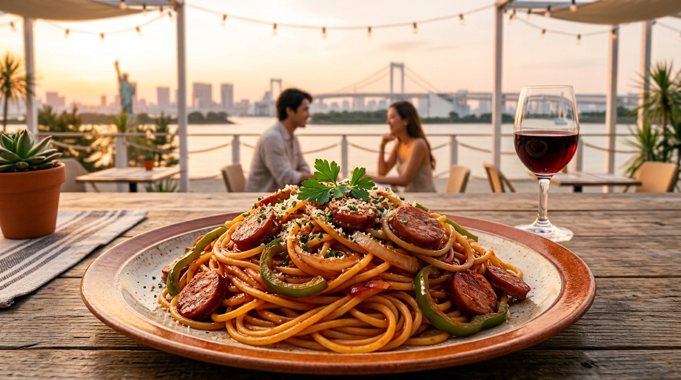 A close-up photograph of a professional-grade Japanese Napoletana (Napolitan) pasta served on a wide ceramic plate on a rustic wooden outdoor dining table . Thick spaghetti noodles are coated in a rich, deep red tomato sauce, tossed with thick slices of savory sausage, green bell peppers, and sweet onions, sprinkled with grated parmesan cheese and fresh parsley . A glass of red wine stands next to the dish . In the softly blurred background, a relaxing seaside terrace in Odaiba overlooks the ocean, Tokyo bay skyline, and Rainbow Bridge during sunset