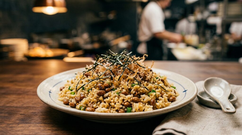 A close-up photograph of a delicious plate of Japanese natto fried rice (Natto Chahan). Perfectly separated, light grains of golden egg rice are mixed with seared natto and finely chopped green onions, neatly presented on a ceramic dish. The dish is topped with delicate shredded seaweed (kizami nori) and dancing bonito flakes (katsuobushi). In the softly blurred background, the professional restaurant kitchen and chef can be seen.