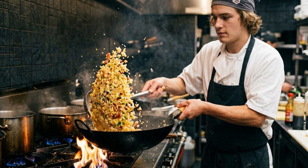 A young Caucasian male chef in a professional kitchen actively tossing golden fried rice in a heavy black wok over a high gas flame. Steam and smoke rise from the wok as seasoned rice, eggs, and green onions fly dynamically through the air.