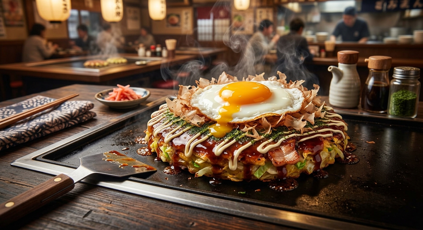 A close-up photograph of a perfect, steaming Osaka-style Okonomiyaki (savory pancake) served on a hot black iron teppan griddle. It is topped with a perfectly cooked sunnyside-up fried egg, its half-cooked golden yolk oozing down. The pancake is covered in glossy okonomiyaki sauce, mayonnaise stripes, a large amount of dancing katsuobushi (bonito flakes), and fine aonori (shredded seaweed). A traditional wooden-handled metal spatula rests on the dark wooden table. Wisps of steam are actively rising. Blurred background of a busy Japanese restaurant.