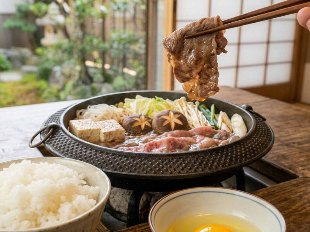 A close-up point-of-view shot of traditional Japanese Sukiyaki in a rustic room with a view of a Japanese garden. Chopsticks lift a slice of tender Wagyu beef cooked in savory-sweet Warishita broth directly from a central cast-iron pot. In the foreground, a bowl of fluffy steamed white rice and a small dish with a raw egg yolk are ready for dipping.