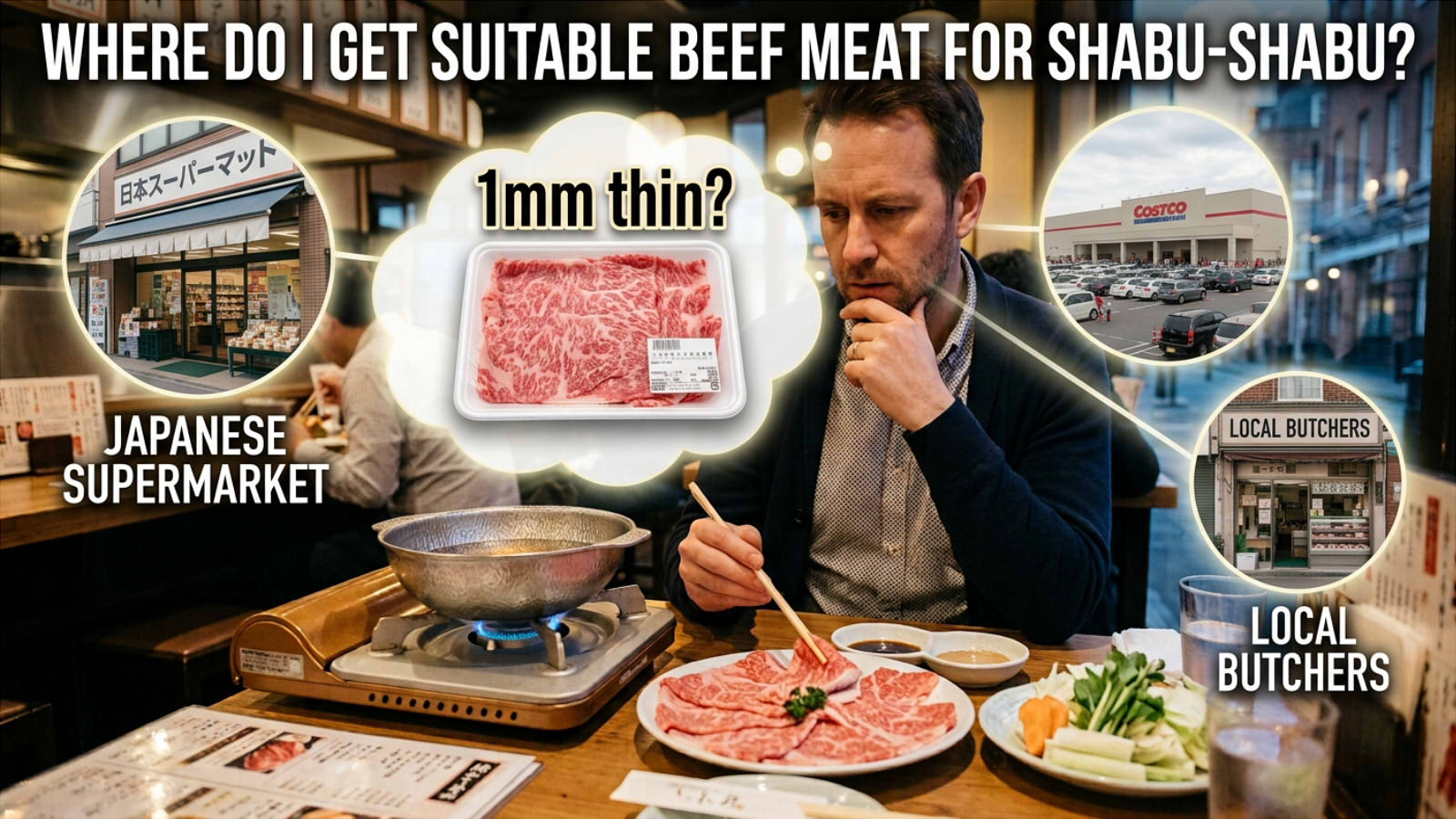 A blog feature image depicting a middle-aged Caucasian man contemplating where to buy thin-sliced beef for home Shabu-Shabu. Overlaid graphic elements include the header question "WHERE DO I GET SUITABLE BEEF MEAT FOR SHABU-SHABU?", a thought bubble showing a tray of 1mm paper-thin sliced beef, and circular icons representing option choices: Asian or Japanese Supermarket, Wholesale Club Supermarket Mall, and Local Butchers.
